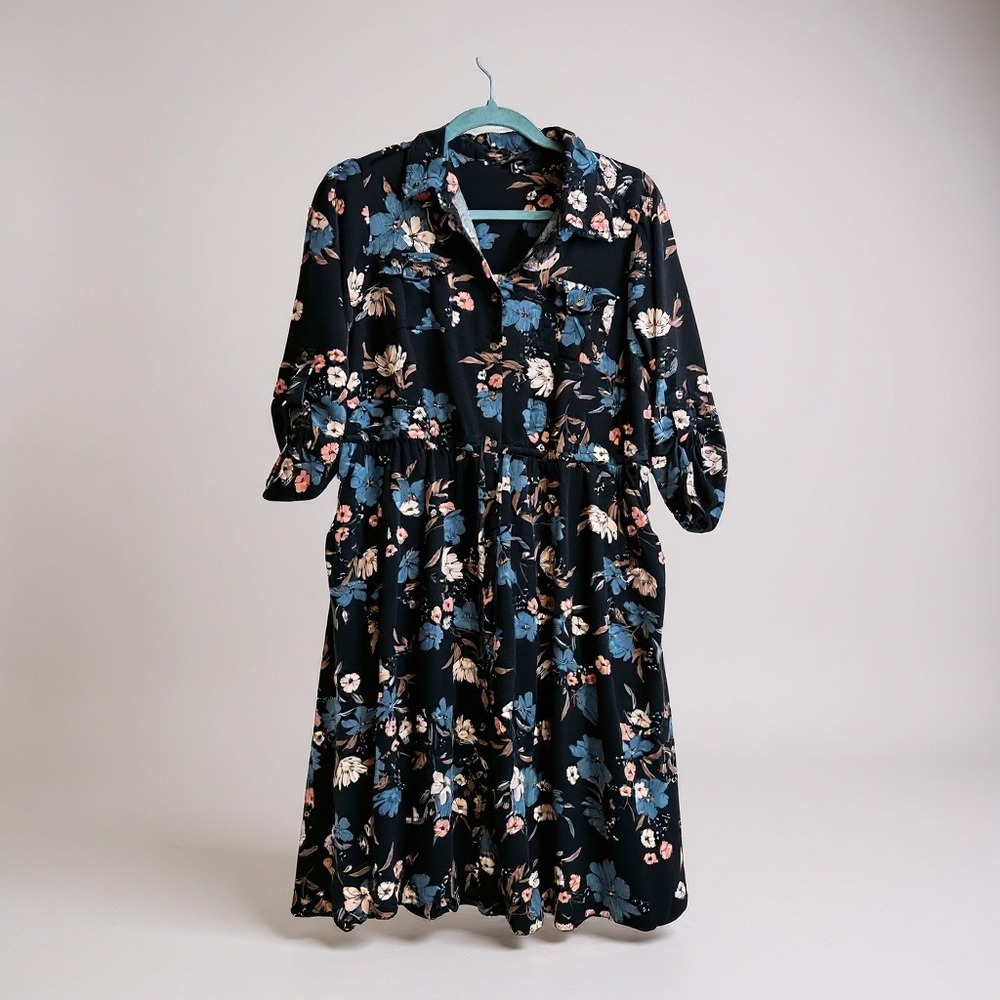 Torrid Floral Button-Down Midi Dress With Rolled‎ Sleeves & Pockets 1X